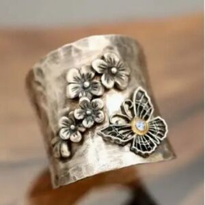Boho Wide Hammered Silver Butterfly and Flower Ring